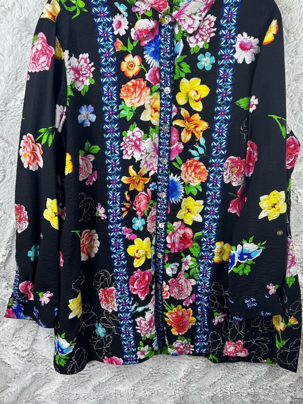 John Mark Black Button-Down Shirt with Bright Floral Panels